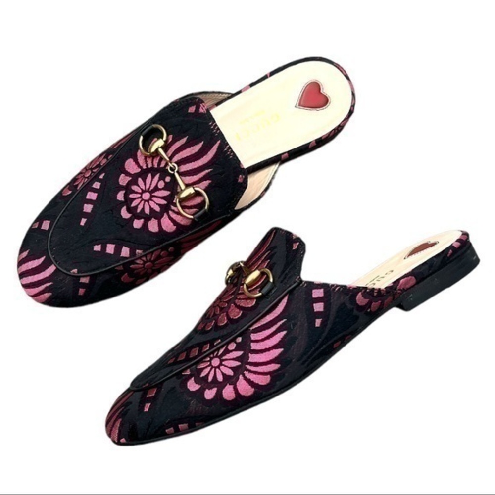 GUCCI Princetown Pink and Black Printed Fabric Mules Size 36